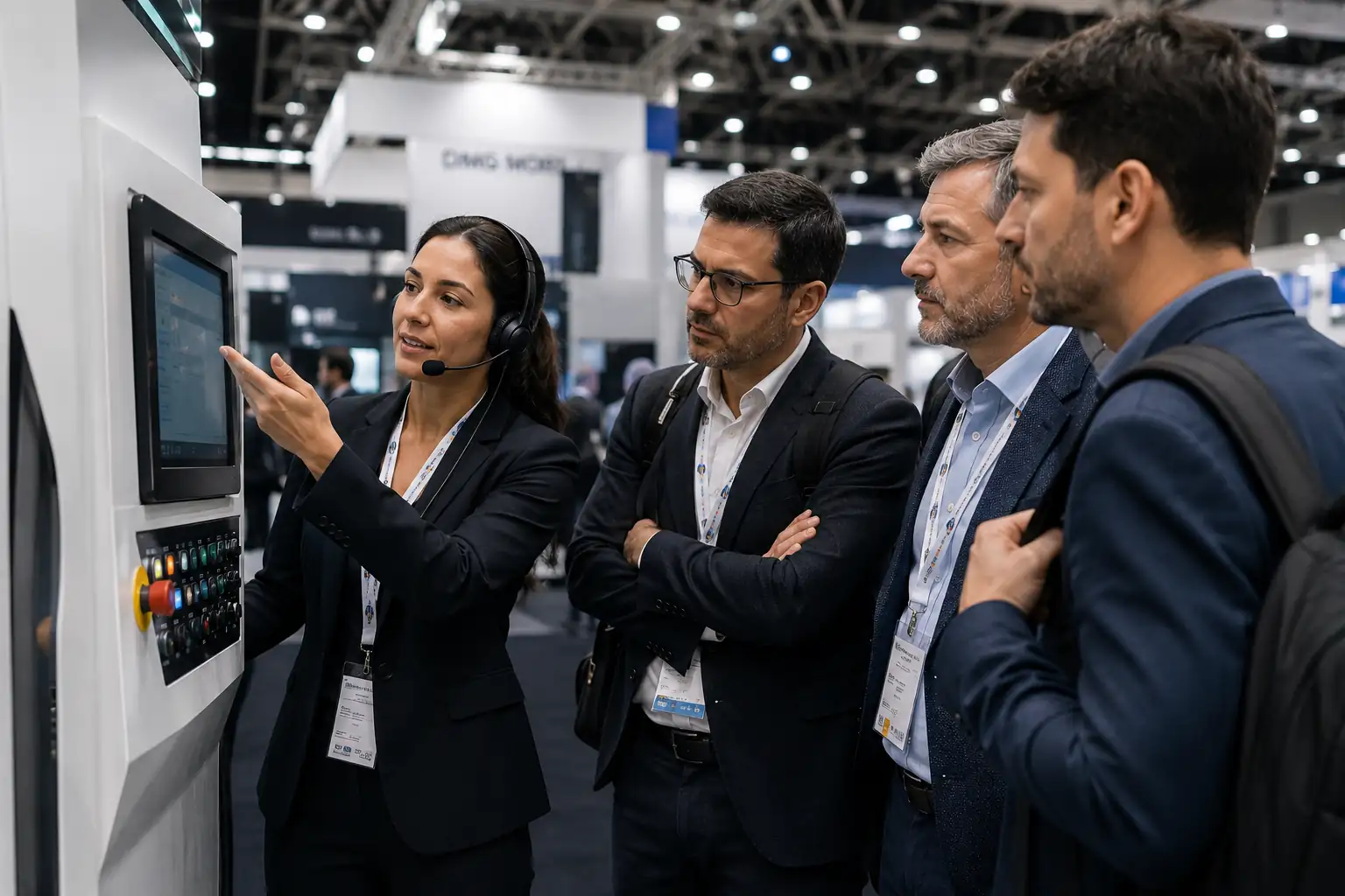Intérprete técnico português-alemão auxiliando visitantes e expositores durante demonstração de máquinas em feira industrial e evento de negócios.
