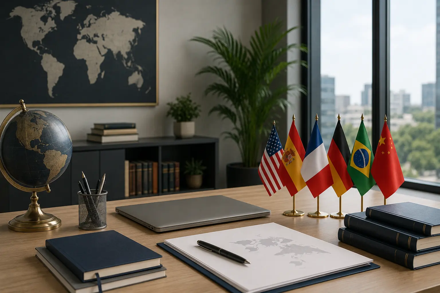 Escritório moderno de agência de tradução e interpretação com mesa organizada, bandeiras internacionais, livros de referência e ambiente corporativo profissional voltado para comunicação multilíngue.