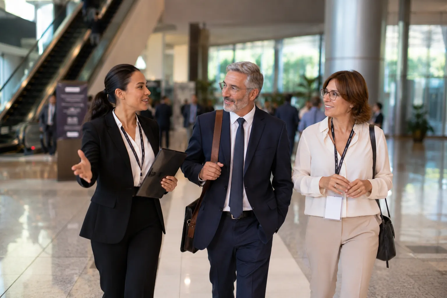 Intérprete profissional acompanha dois participantes durante um evento corporativo em um moderno centro de convenções, facilitando a comunicação e a interação em ambiente internacional.
