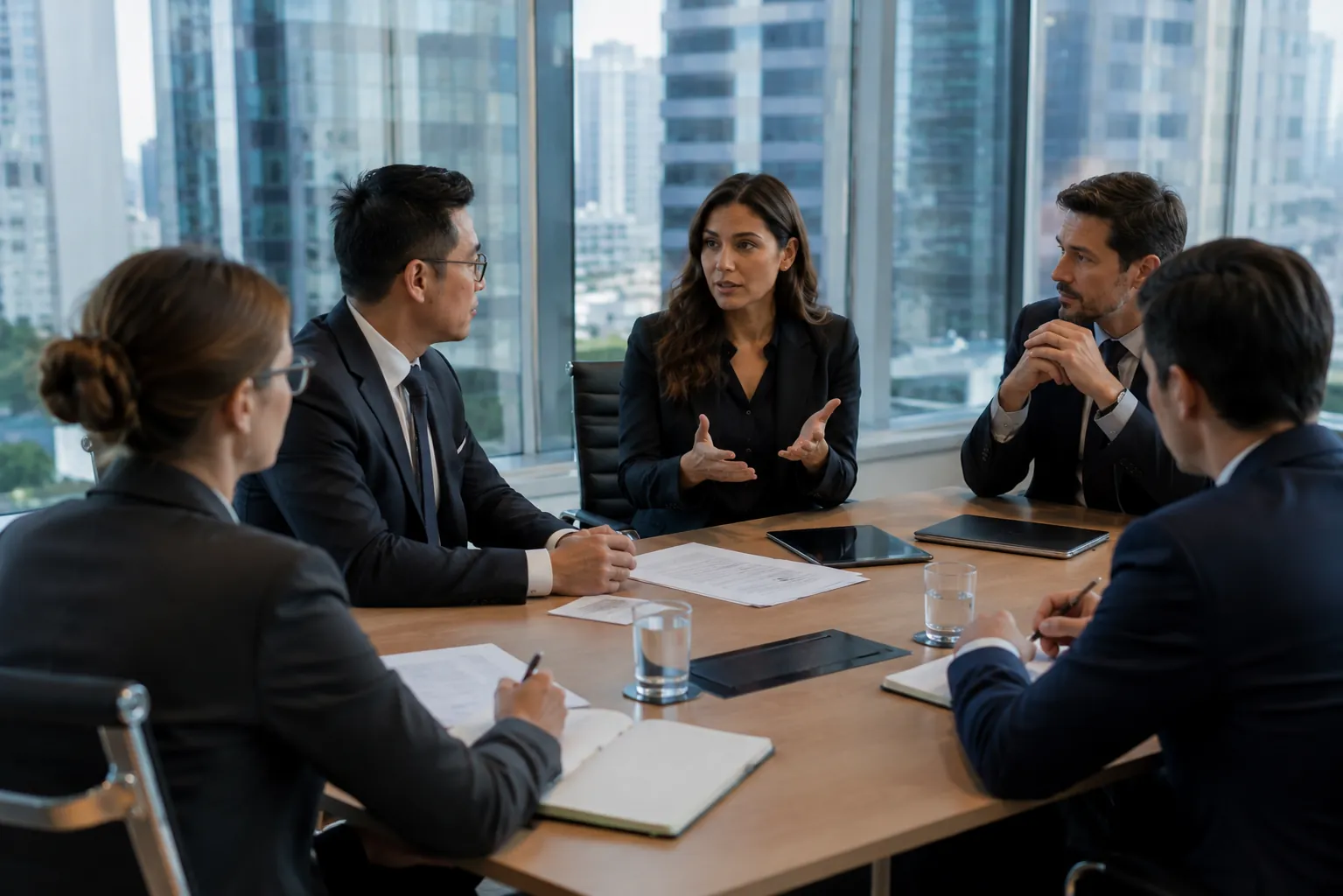 Business interpreter facilitating communication between international executives during a corporate negotiation in São Paulo.