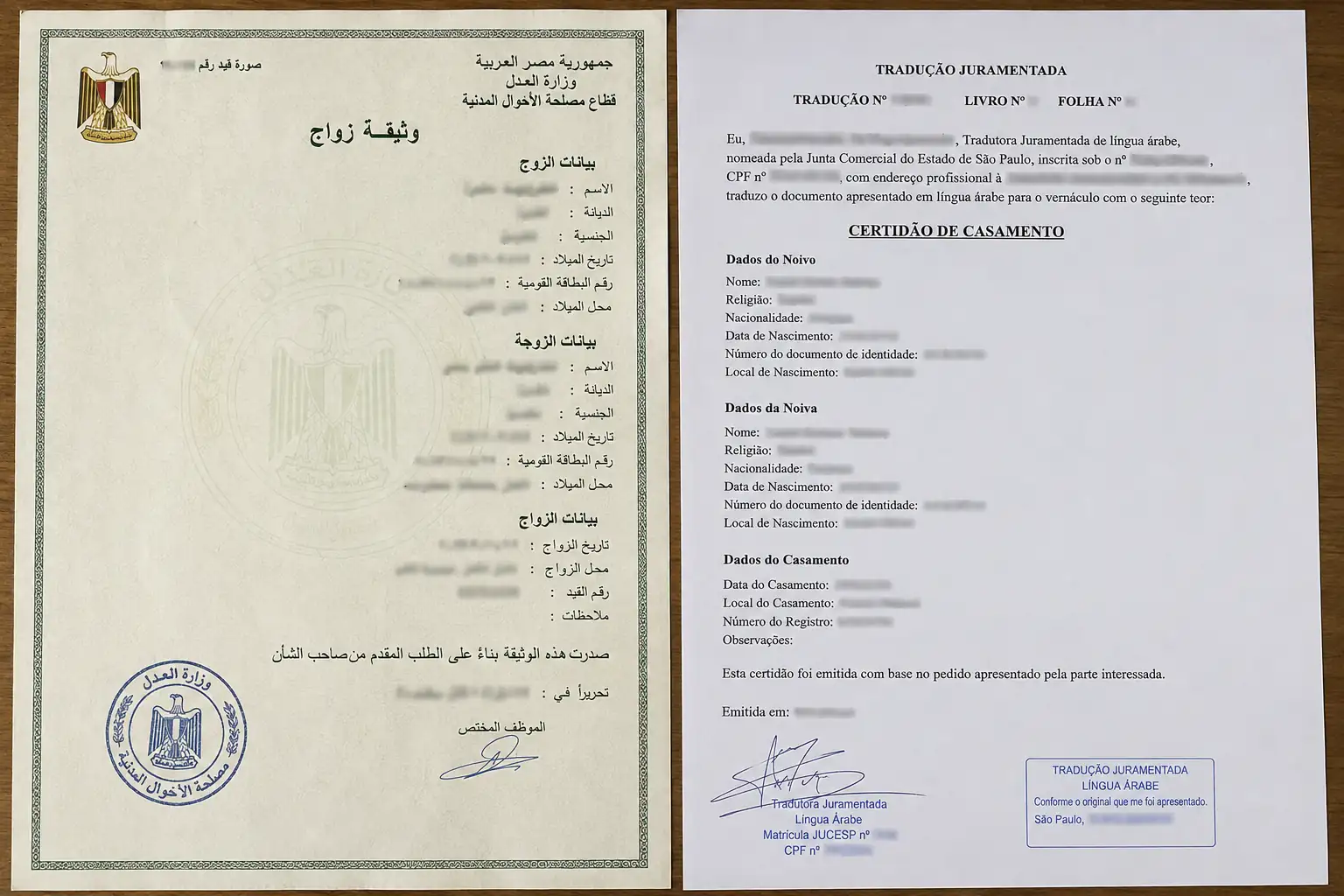 Certidão de casamento em árabe ao lado de sua tradução juramentada para o português, com documentos oficiais, selos e assinaturas apresentados lado a lado.
