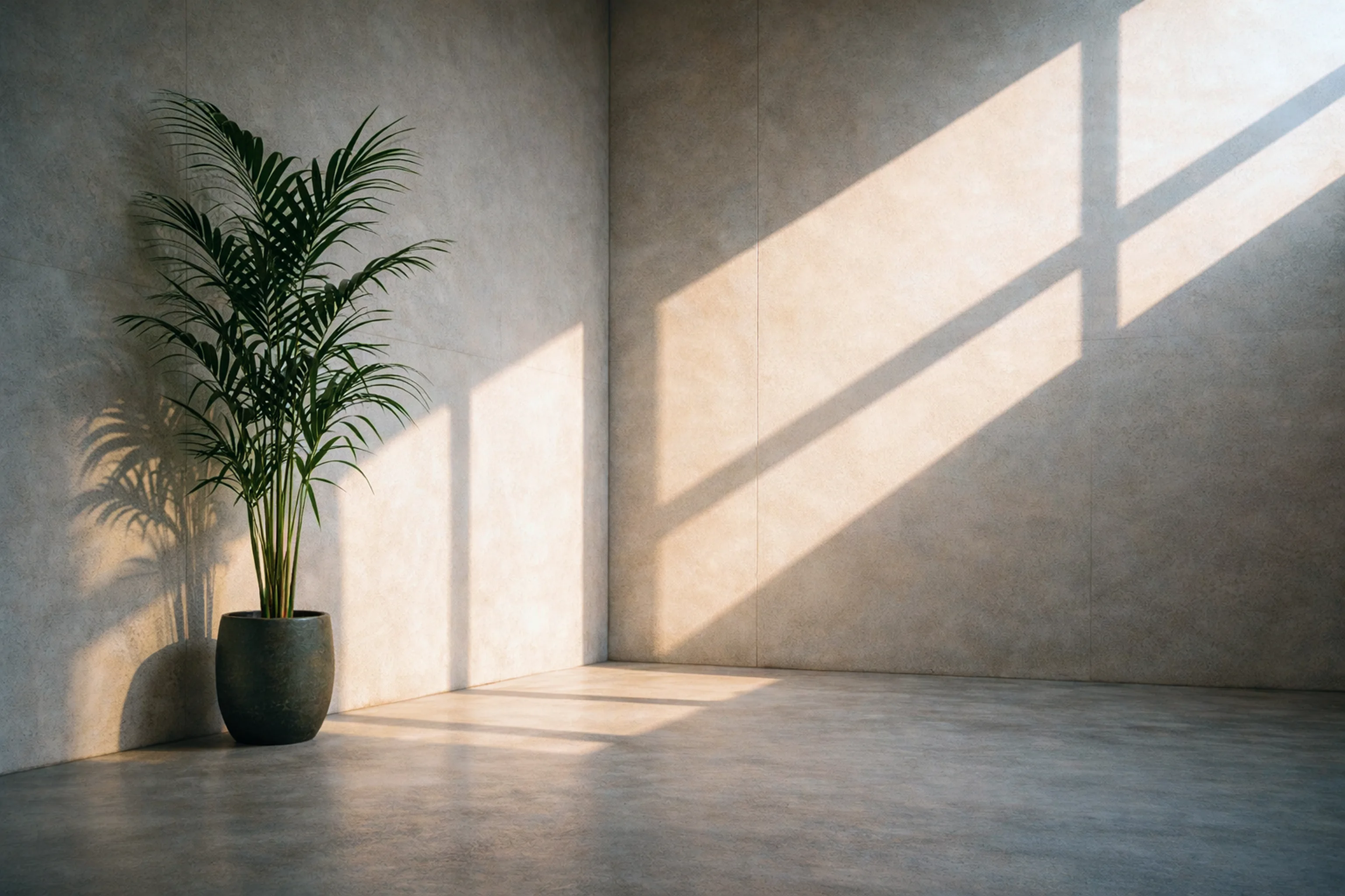 Close-up of concrete ledges with green moss and ferns growing around them in a shadowed outdoor setting.