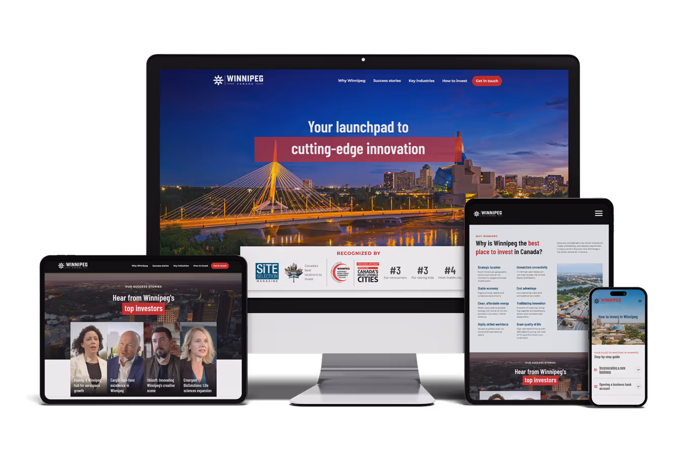 Invest Winnipeg website with Economic Development Winnipeg, displayed on desktop, iPad, and mobile.