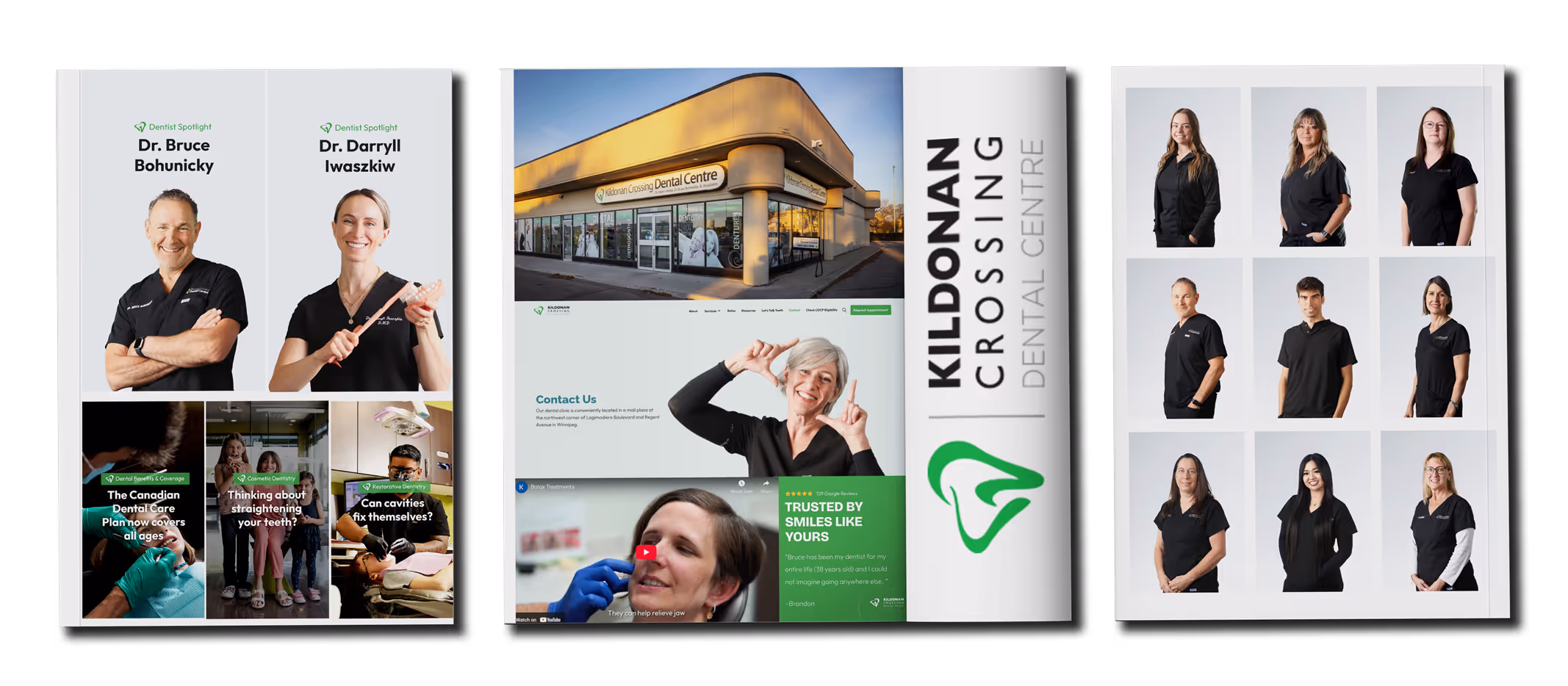 Kildonan Crossing Dental Centre, dental clinic branding including photos, logo, thumbnail, videos, testimonial collage