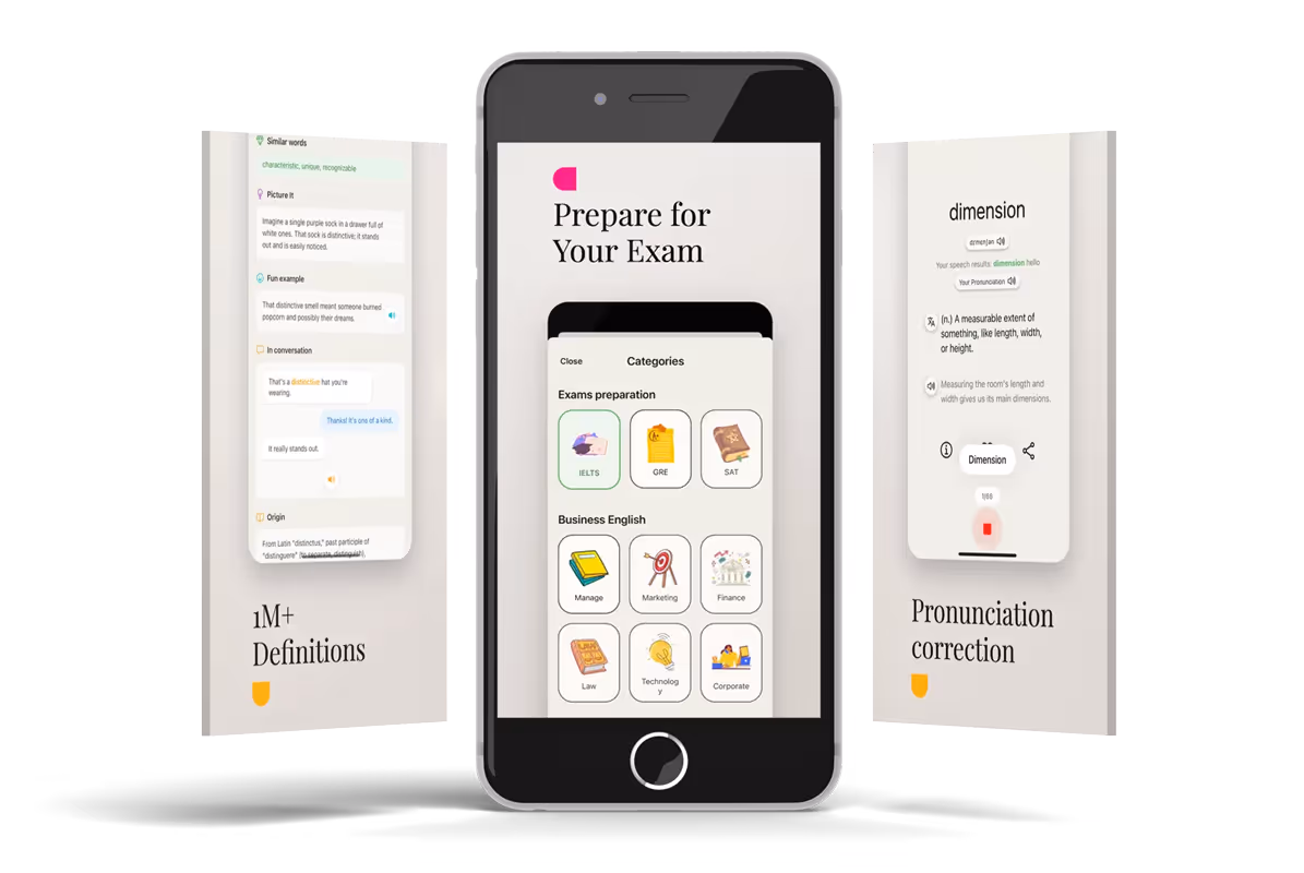 Mobile phone screen showing an exam preparation app with categories like IELTS, GRE, SAT, and business English topics, flanked by panels highlighting 1M+ definitions and pronunciation correction features.