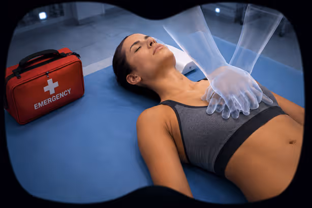 View through VR goggles of a person performing CPR chest compressions on a woman lying on the floor next to a red emergency medical kit.