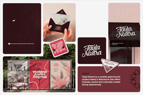 Collage showing Taula Nostra branding with menus, signs, and description of a Barcelona dining project.