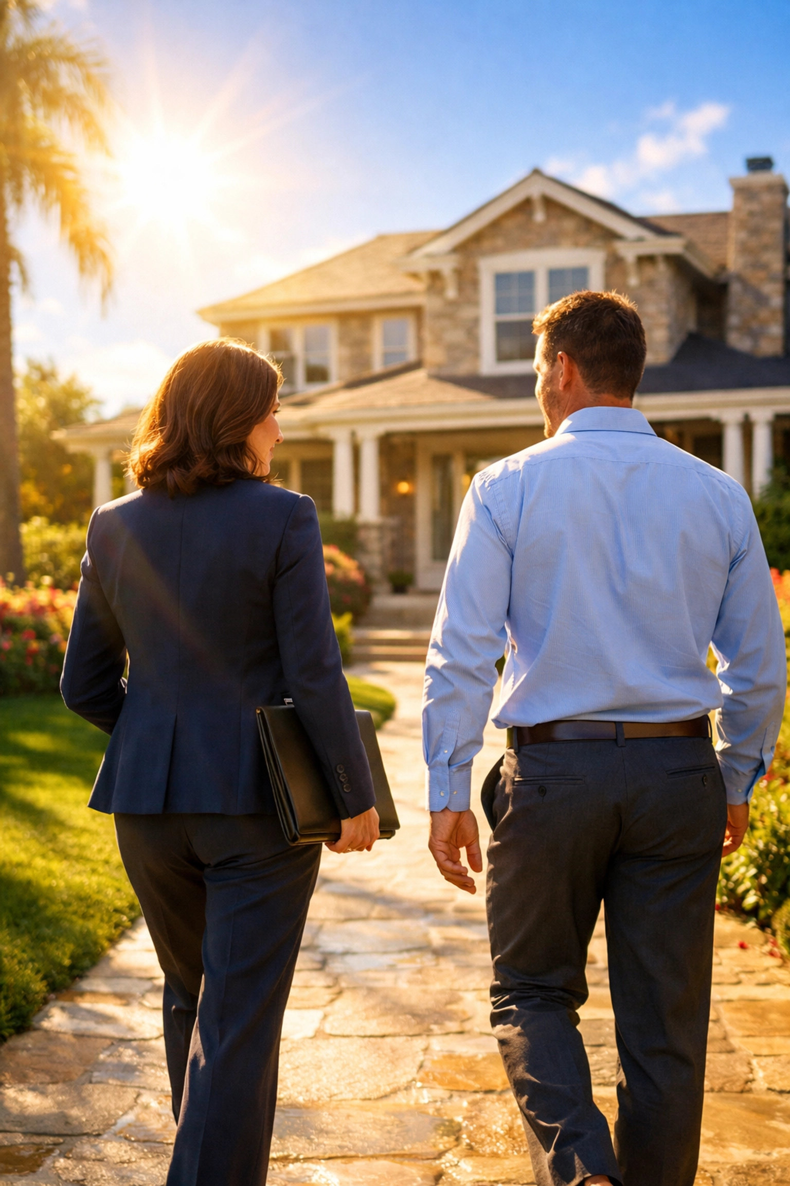 Real estate agent and home buyer walking toward a property, illustrating trust and safety in the tour process.