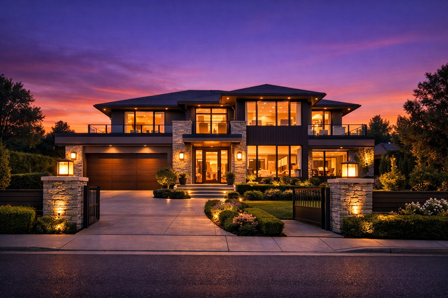 Exterior view of a luxury home at sunset, representing property security and seller protection in real estate.