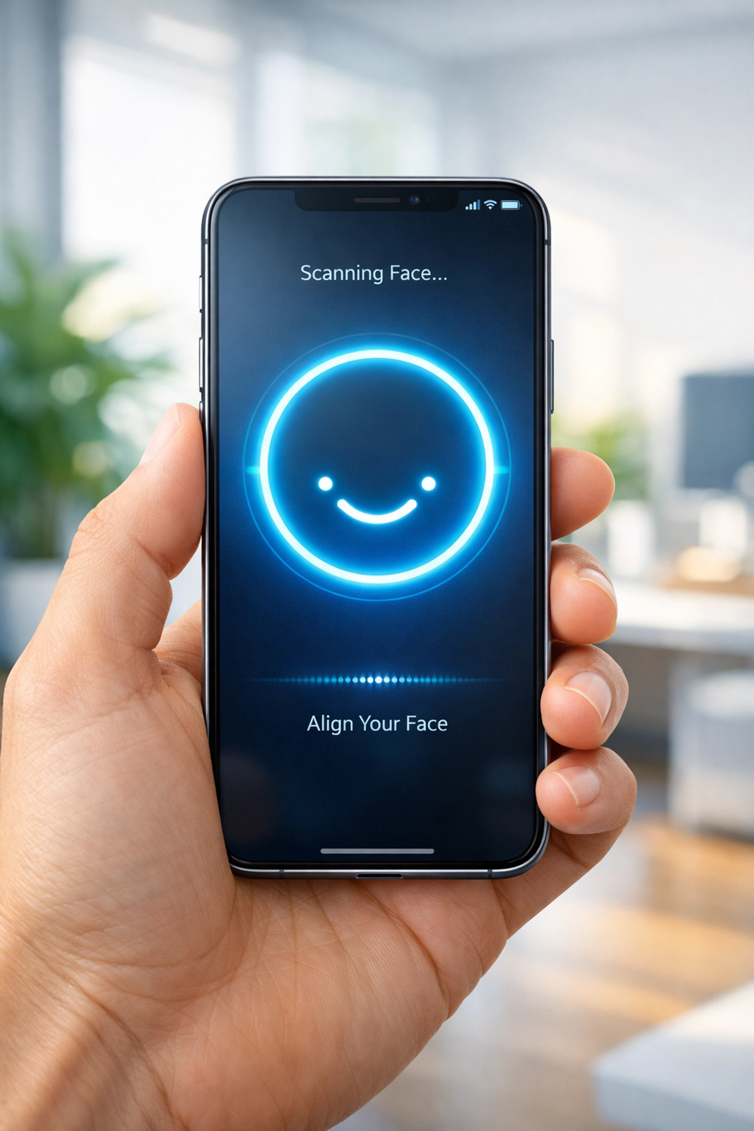 Hand holding a smartphone with a secure biometric identity verification app for real estate transactions.