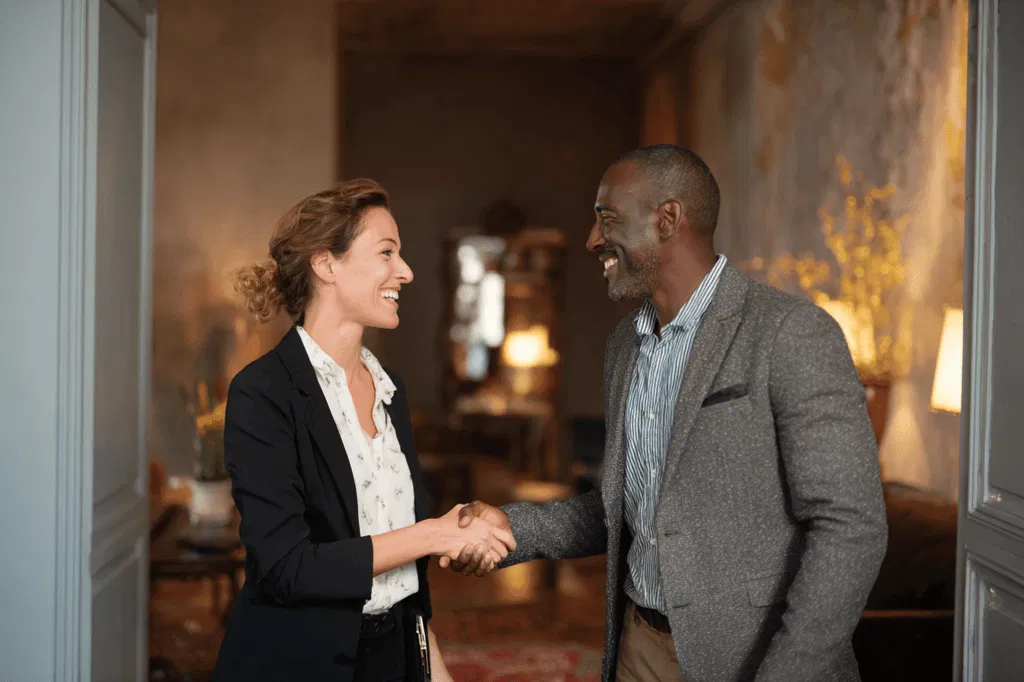 A real estate agent and client meet face to face and shake hands confidently in a warmly lit home.
