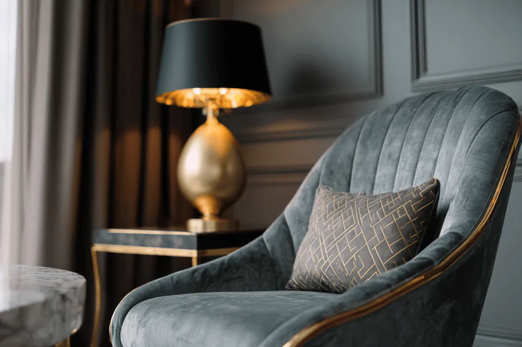 An elegant, modern residential interior featuring a grey velvet armchair with gold trim, emphasizing luxury and comfort.