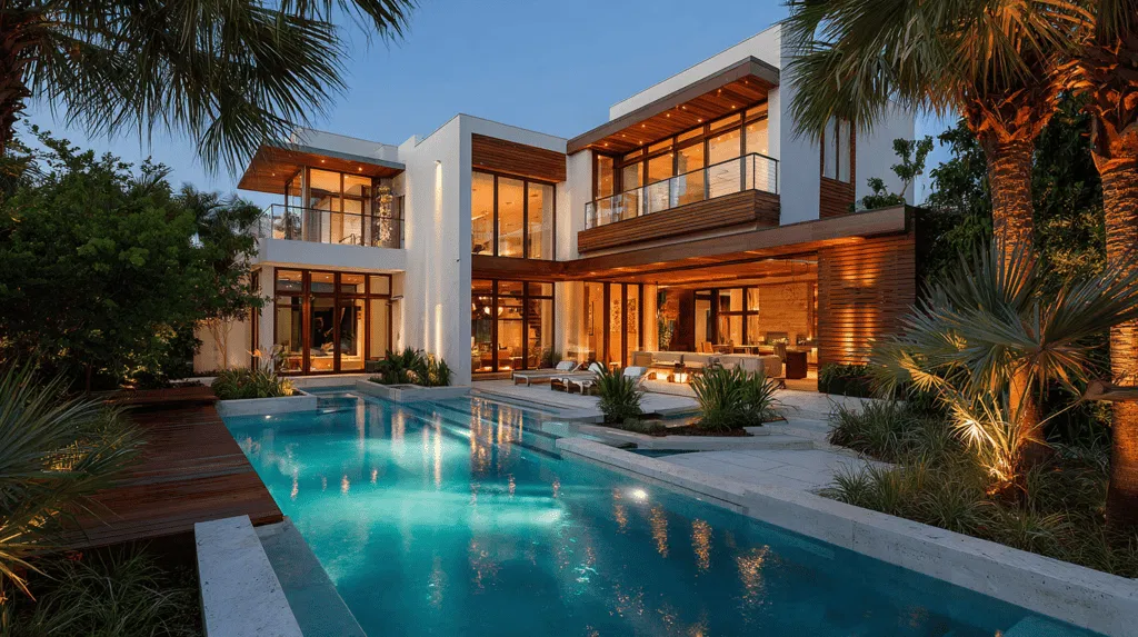 A modern two-story luxury home featuring extensive glass windows and a large illuminated swimming pool.