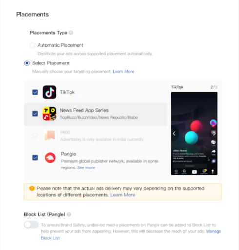 Select the ad placements, tiktok marketing in 2022