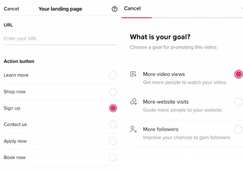 Choose a goal for promoting your video, tiktok marketing in 2022
