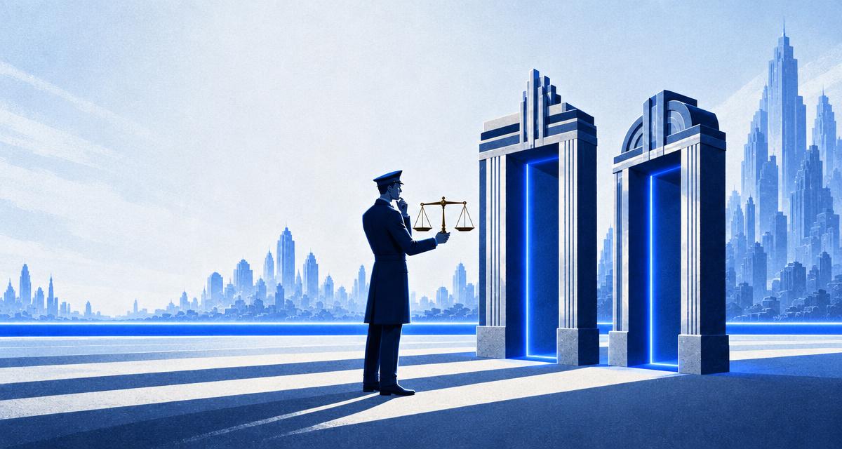Illustration of an inspector in uniform holding a small set of scales in front of two stone gateways, with a city skyline behind.