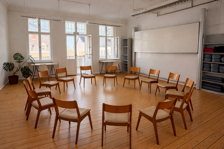 Balkonzimmer mit heller Fensterfront und Tischen für Seminare