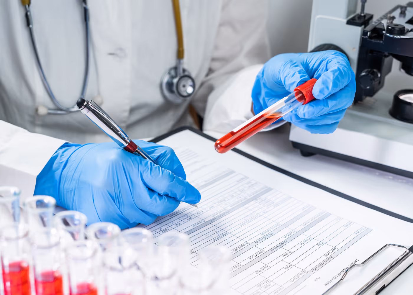 Lab technician in blue gloves holding blood sample tube and writing on a medical report near microscope.
