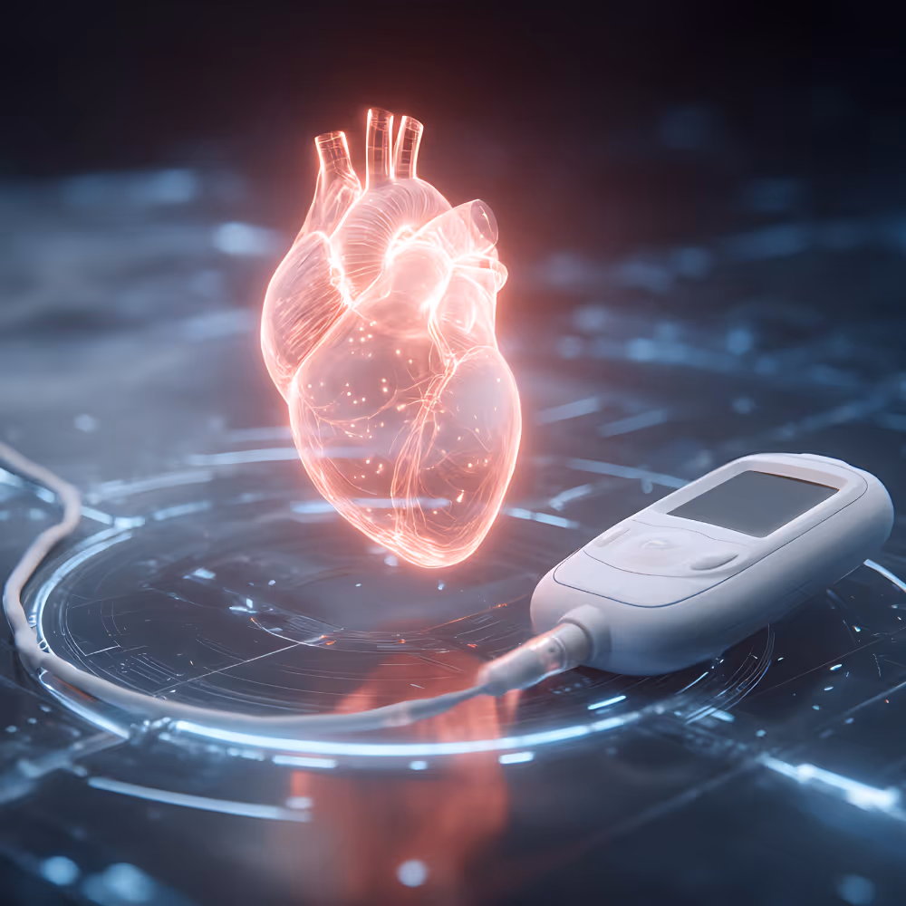 Digital glowing human heart hologram next to a white medical device on a dark tech surface.