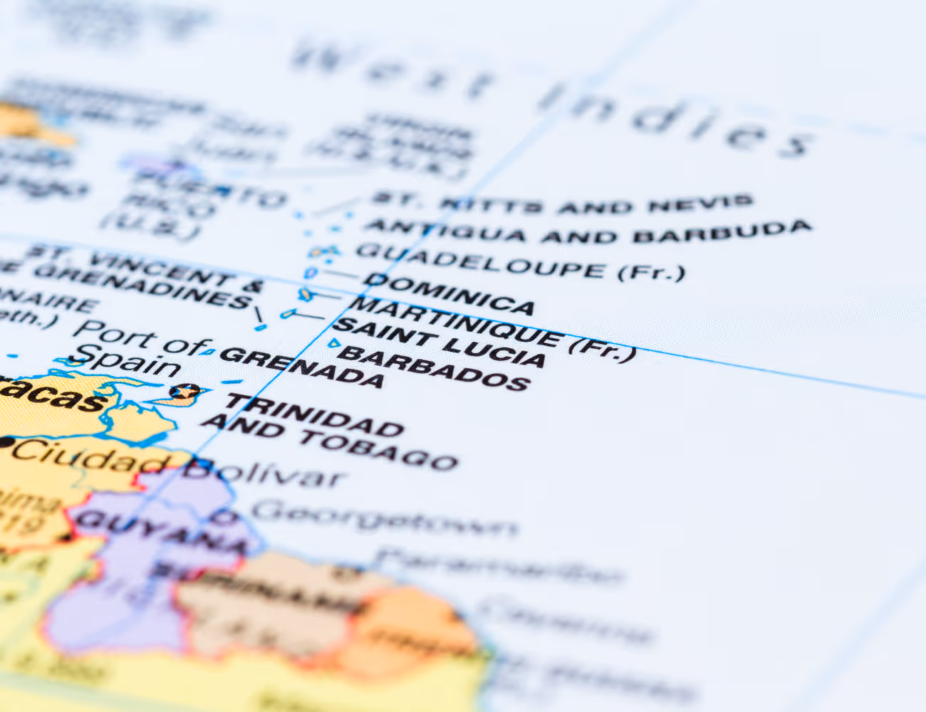 Close-up map showing Caribbean islands like Barbados, Martinique, Saint Lucia, and Trinidad and Tobago.