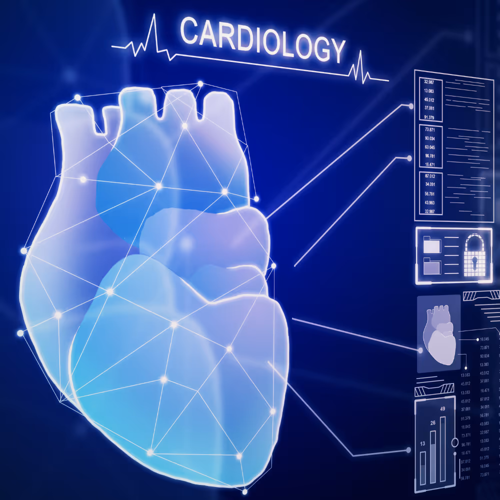 Digital 3D heart model with data points and graphs under the heading CARDIOLOGY.