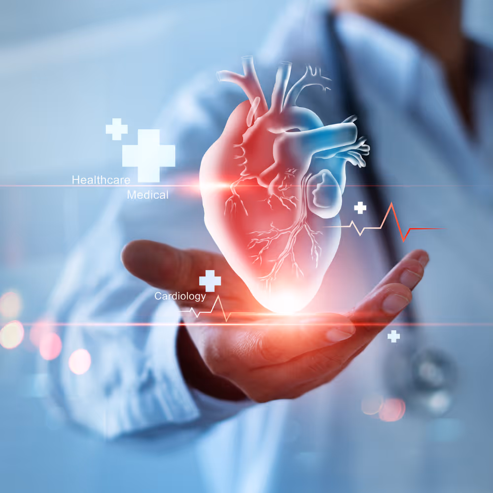Doctor holding a glowing digital heart with medical and cardiology icons and heartbeat lines.