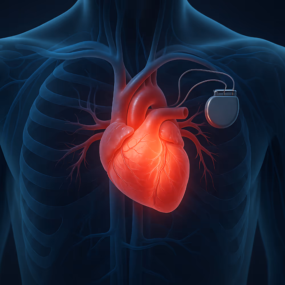 3D illustration of a human heart with an implanted pacemaker inside the chest cavity.