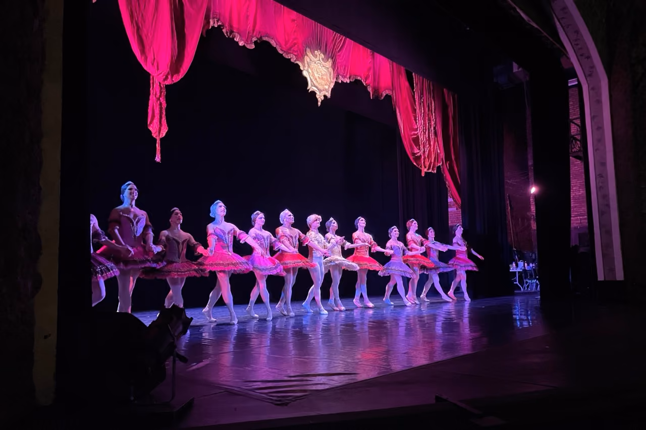 A line of ballerinas in colorful tutus performing on stage under a bright pink curtain, lit with purple lighting.