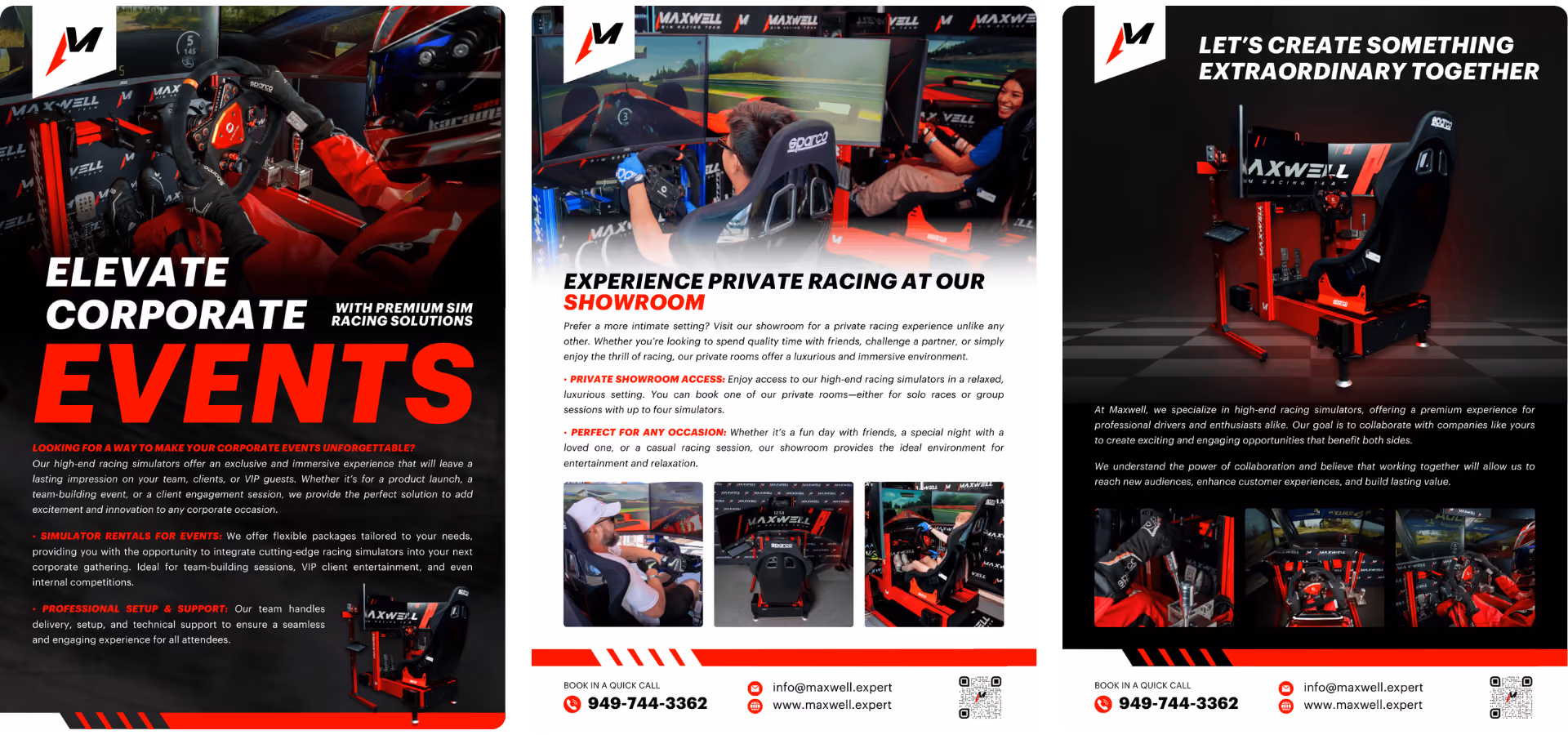 Maxwell promotional flyers for racing simulators