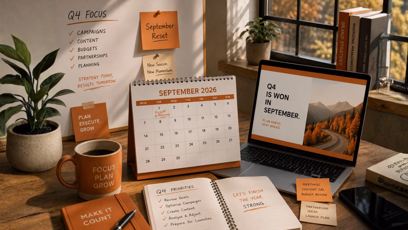 Q4 planning workspace with calendar, laptop and campaign notes
