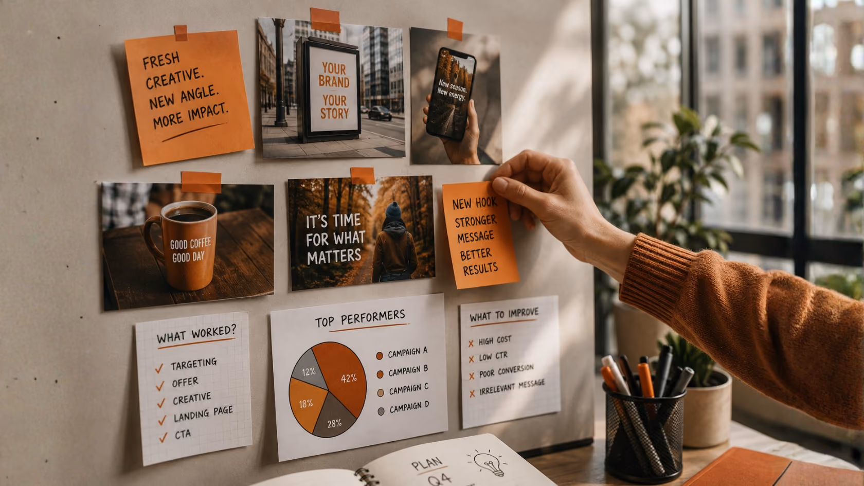 Q4 marketing plan arranged across notes and a calendar