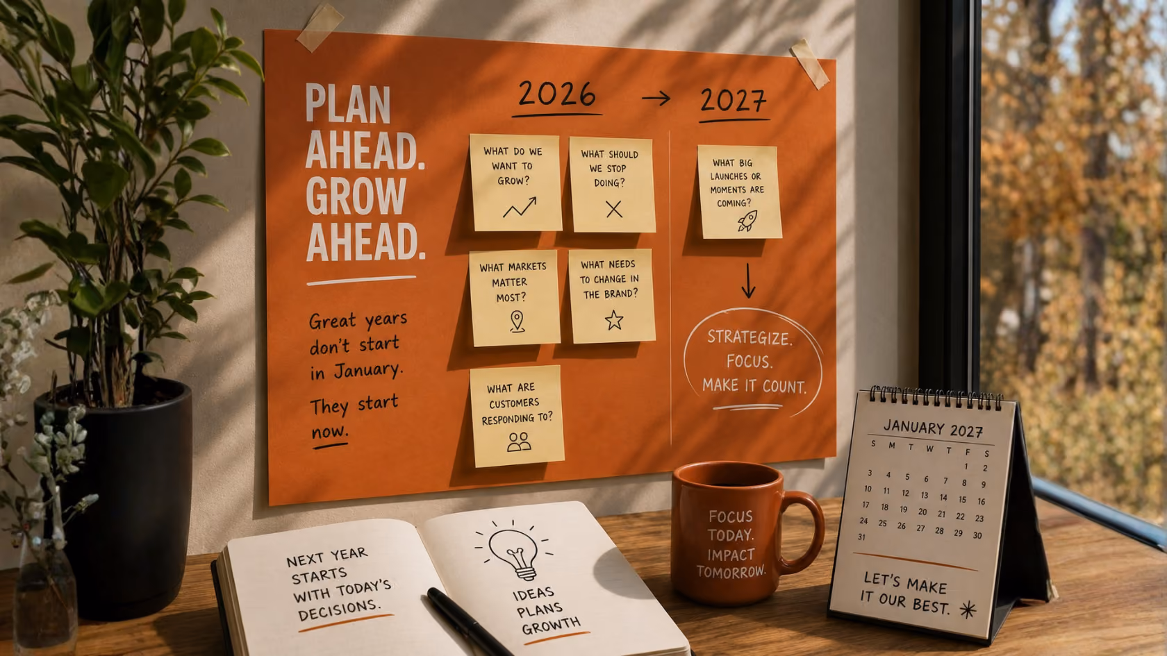 Year-end campaign planning notes on a workspace