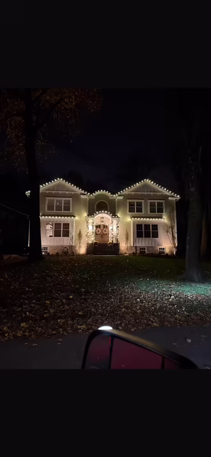 Holiday light display on a home exterior in Northern New Jersey