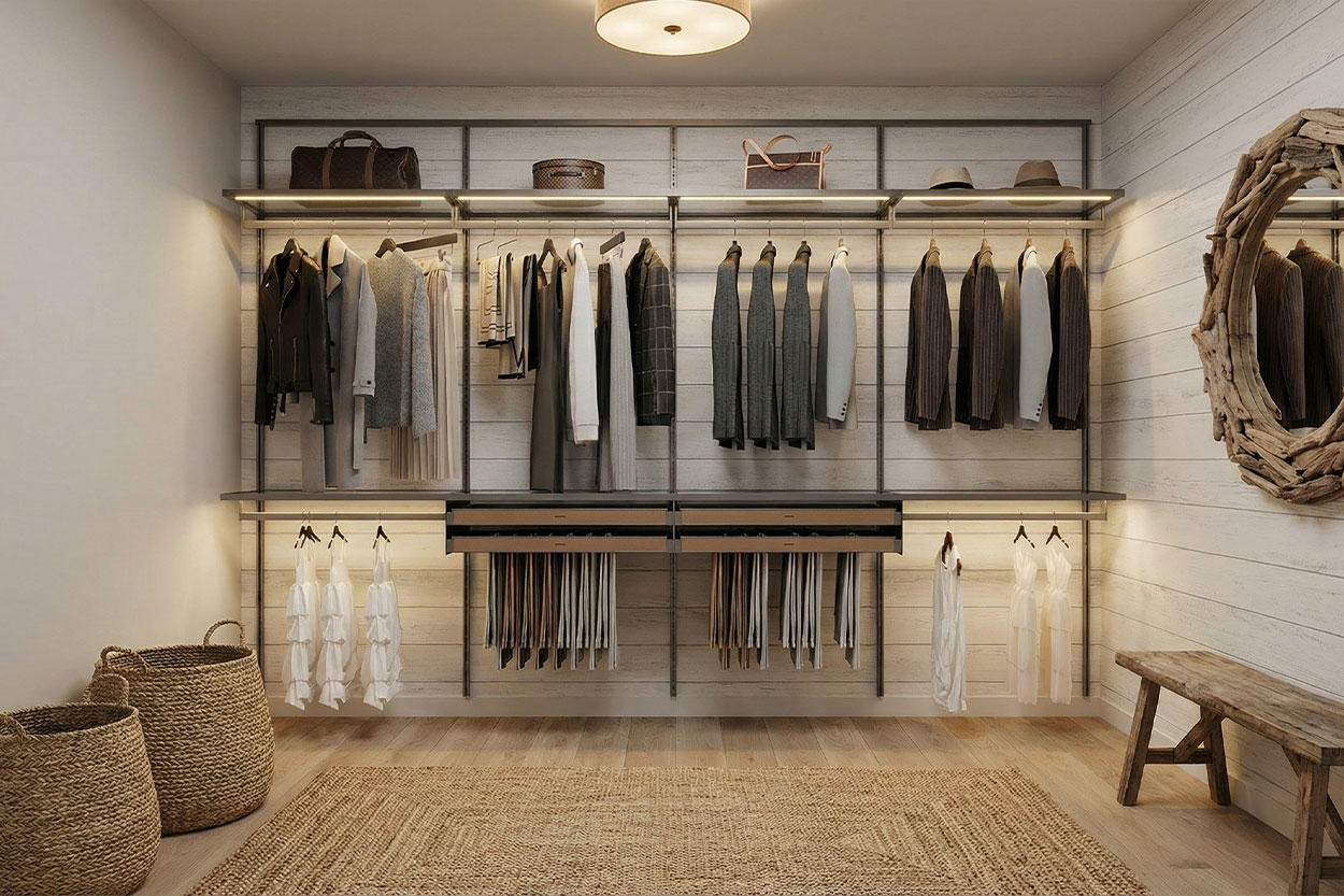 Floating wall-mounted closet system with an open-floor design in a modern Nantucket guest suite.