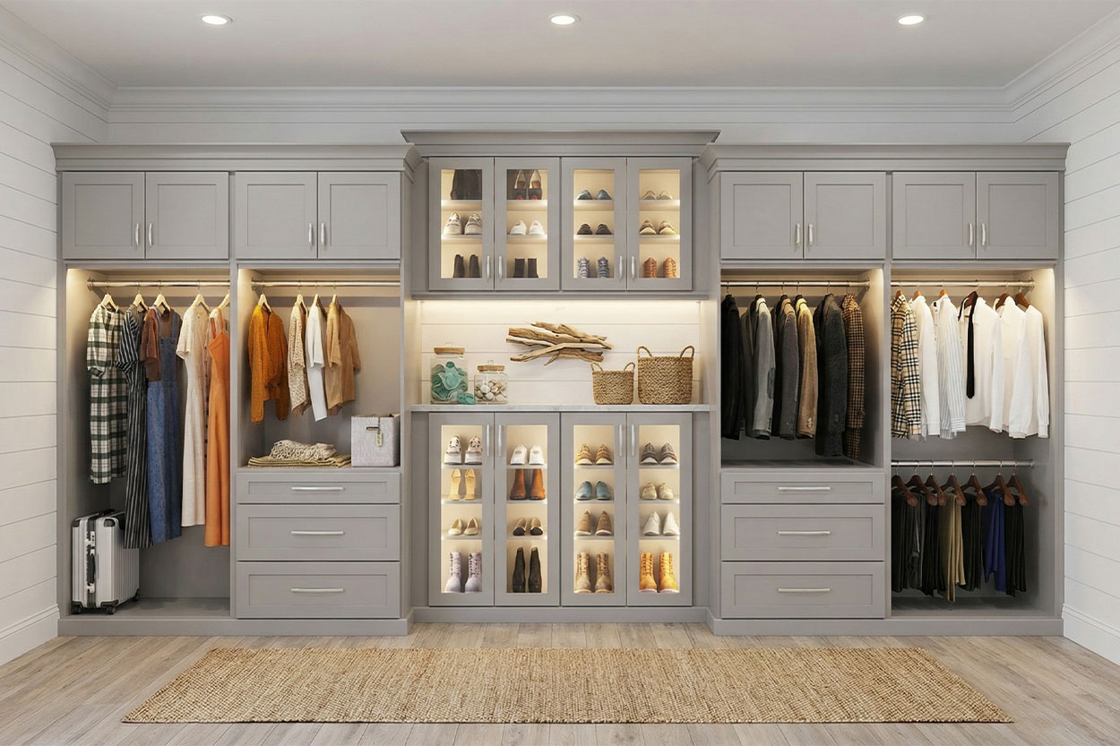 Bespoke full custom closet with inset cabinetry and crown molding in a historic Nantucket primary suite.