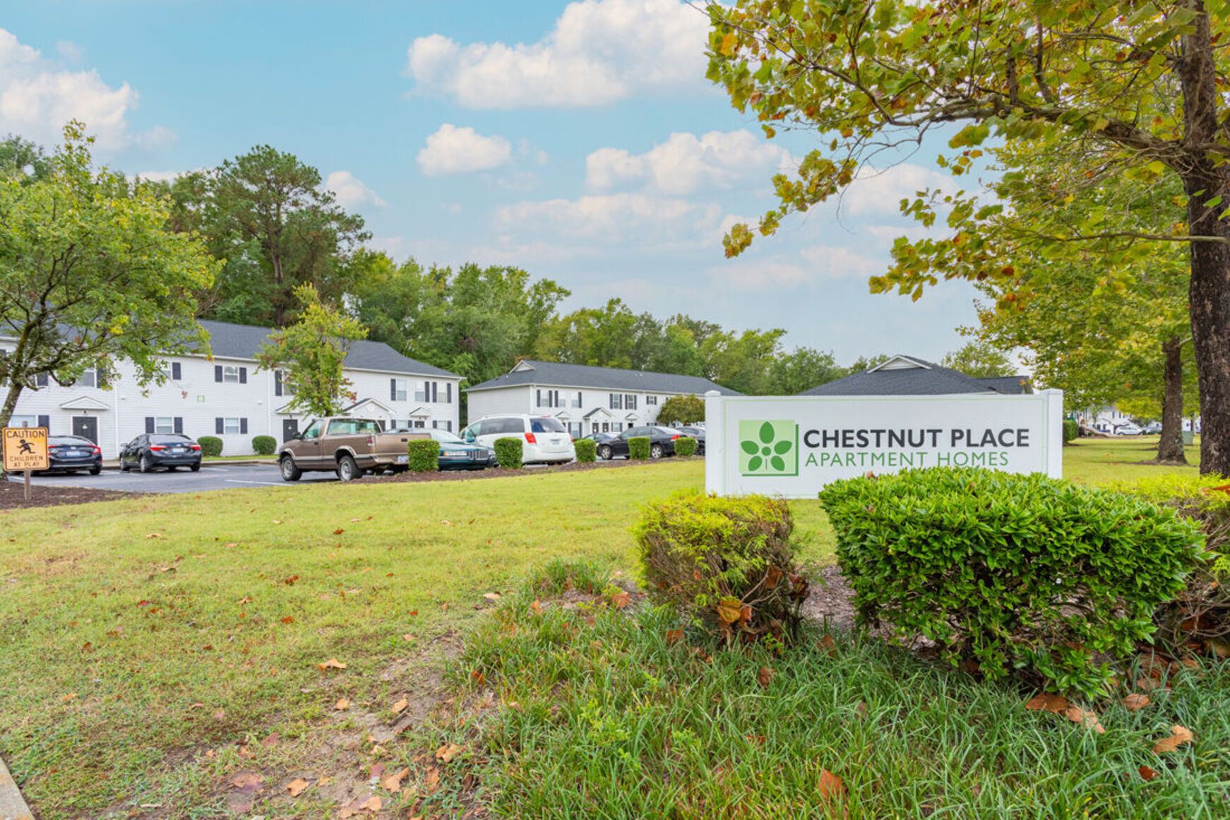 Exterior of buildings and grass areas