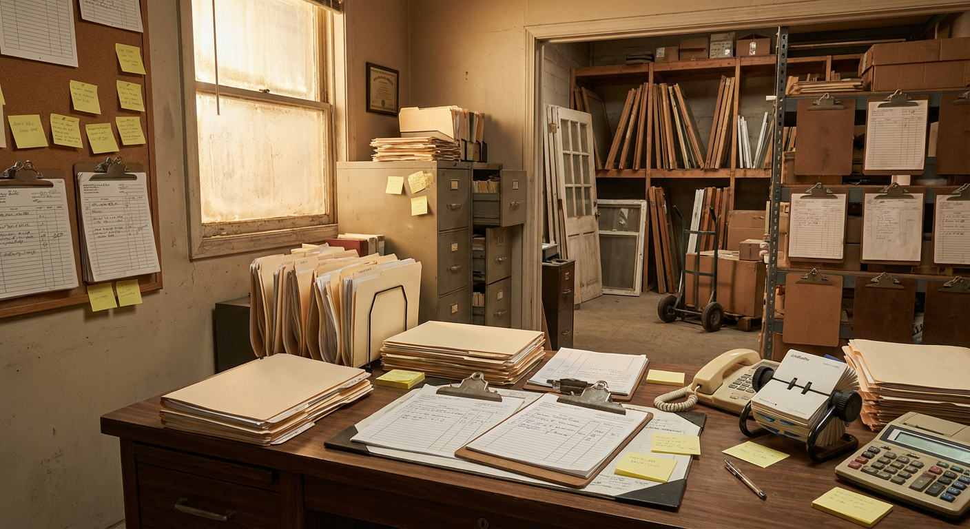 Comfortable old office in a window and door dealer with wooden desk covered in stacked file folders, clipboards with handwritten notes, a rotary card catalog, a telephone, and a calculator, with filing cabinets and shelves of windows and doors in the background.