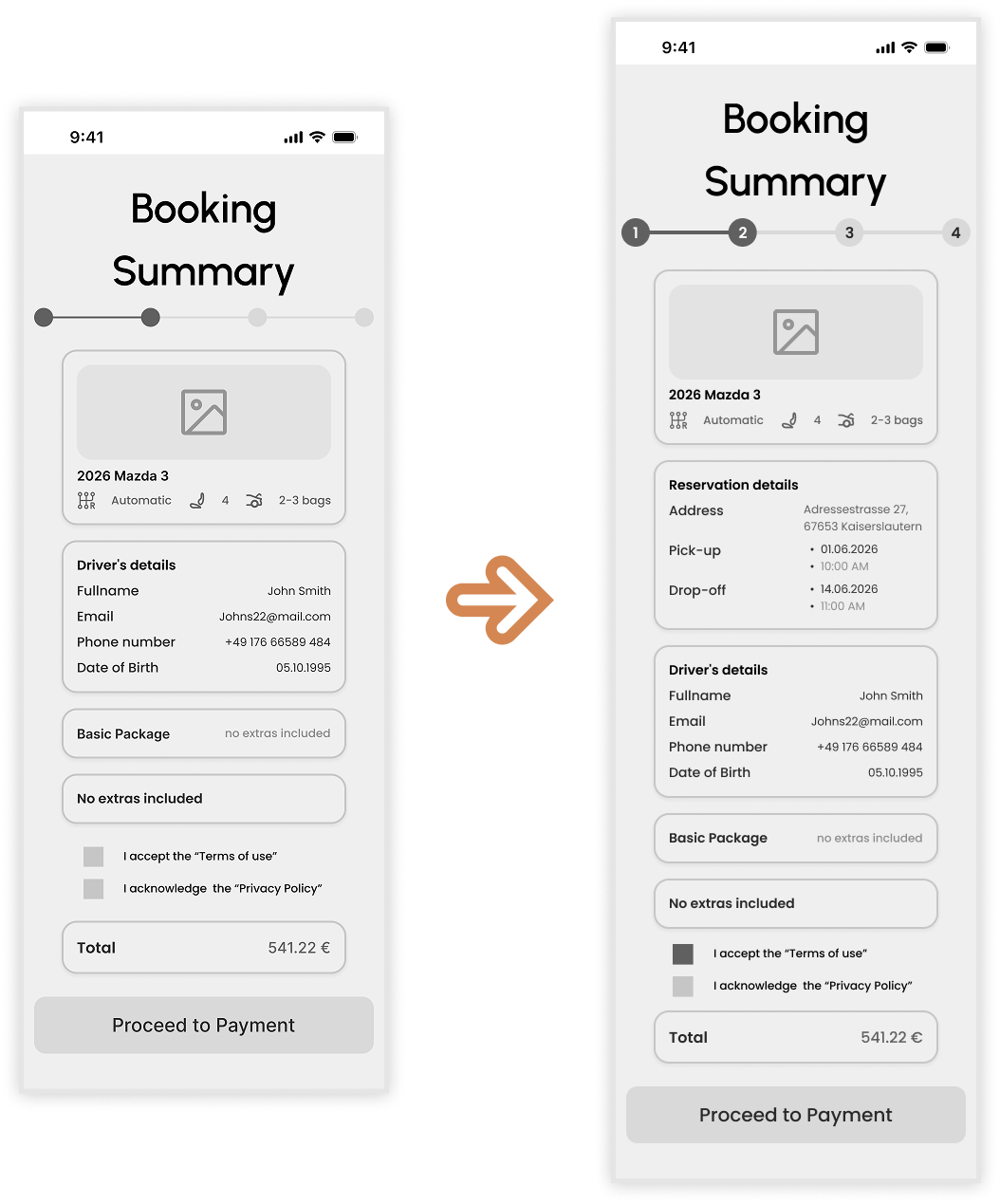 Booking summary iteration adding reservation details and pickup/drop-off information.