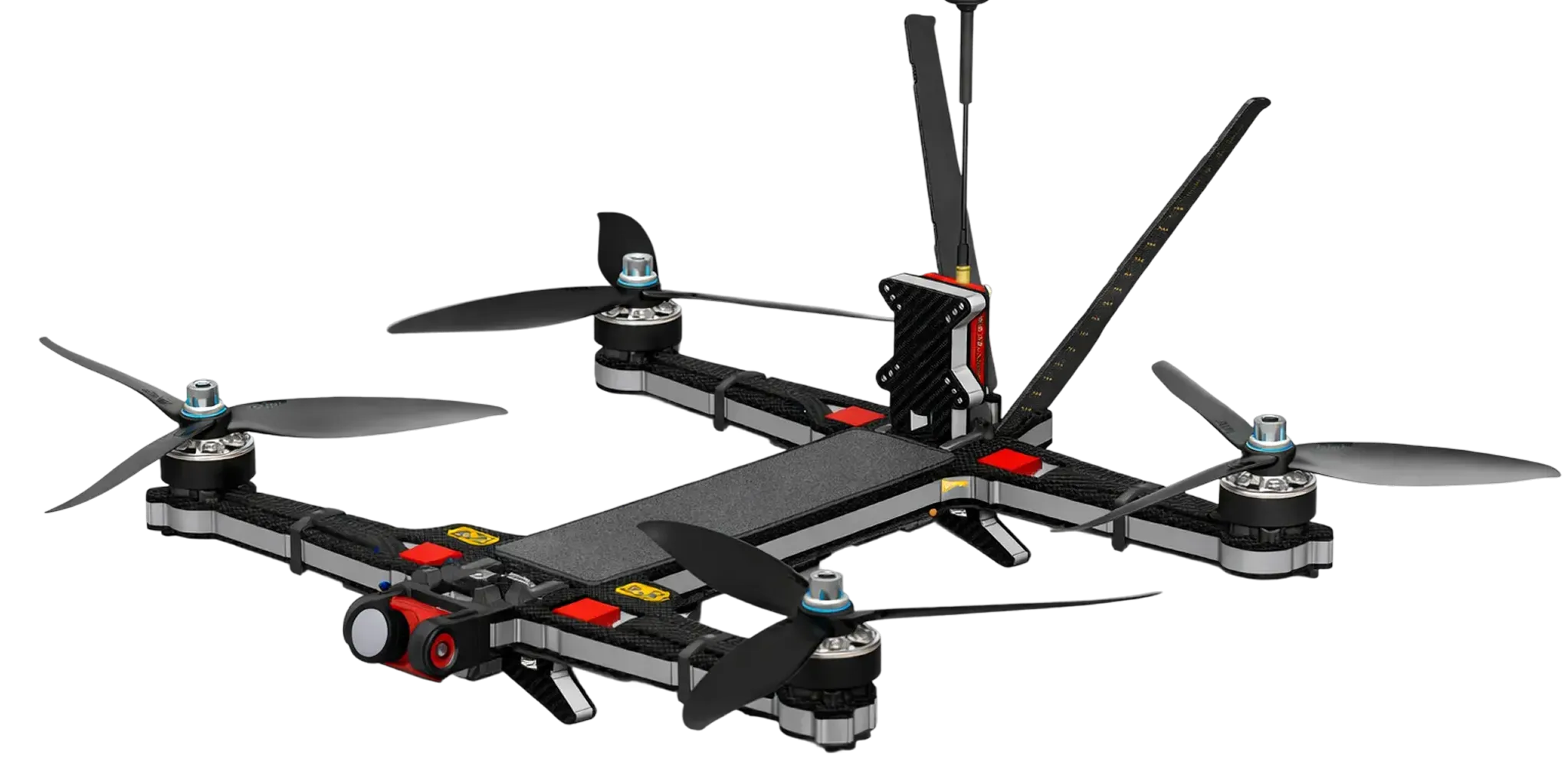 Black and red racing drone with four propellers and dual antennas.