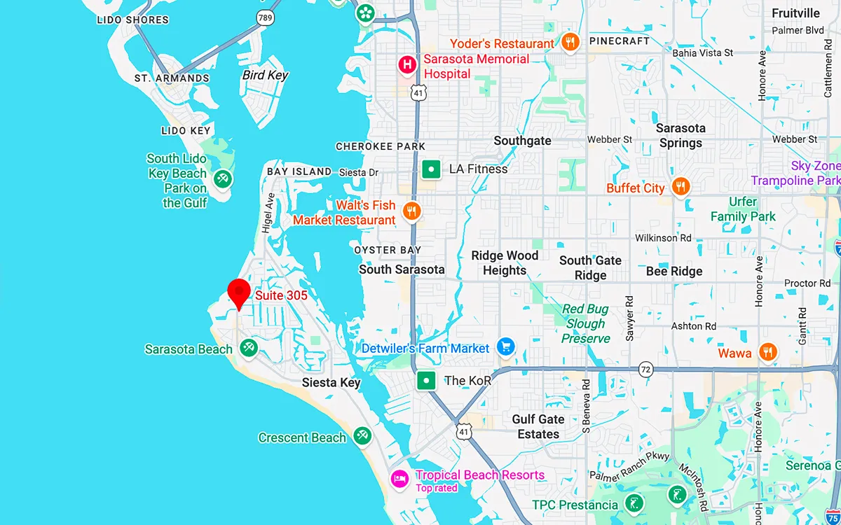 Map showing Sarasota, Florida area with highlighted locations including Suite 305 near Sarasota Beach, local restaurants, parks, and landmarks.