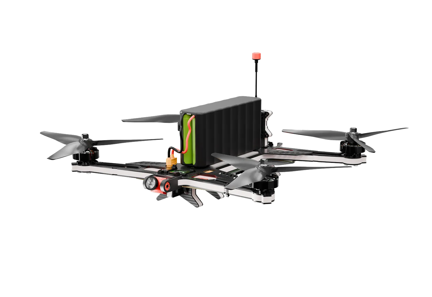 Quadcopter drone frame with four propellers, a central battery pack, a camera on the front, and an antenna.