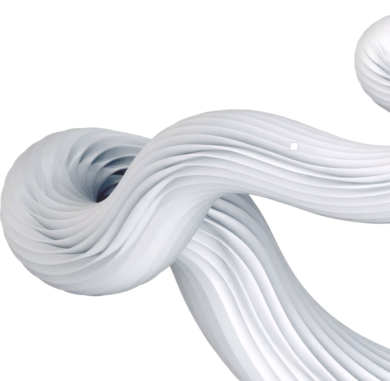 Abstract white twisted ribbon-like 3D shapes with layered ridges on a black background.