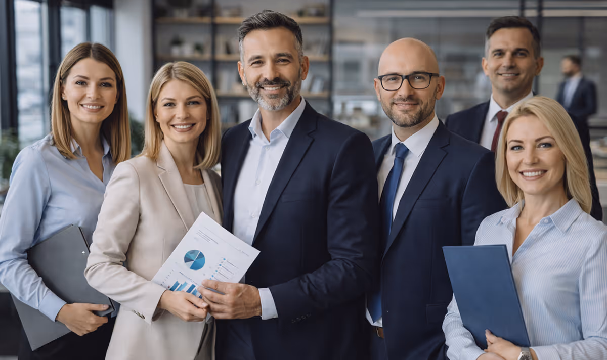 Six diverse business professionals smiling and posing together in a modern office, two holding folders and one holding a report with charts.