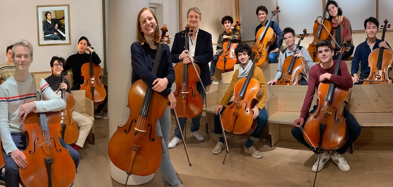 Students of the Pernoo School of Musical Performance holding their cellos at L'Accord Parfait in Paris