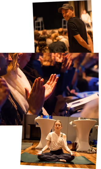 Eindrücke vom Live-Event: Speaker, applaudierendes Publikum und Meditation