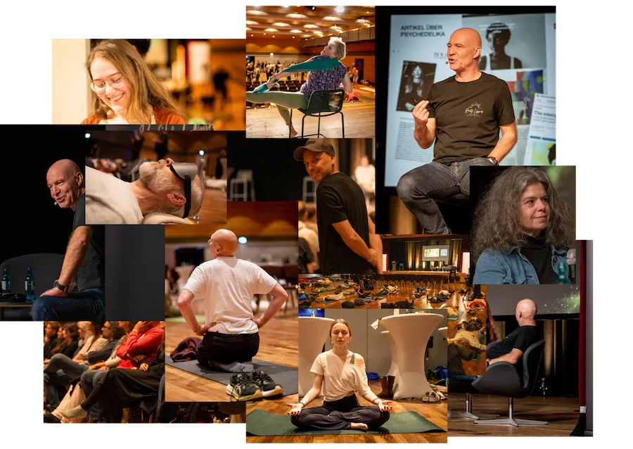 Collage mit Eindrücken vom Live-Event Lebe deine Essenz: Vorträge, Coachings und Meditation