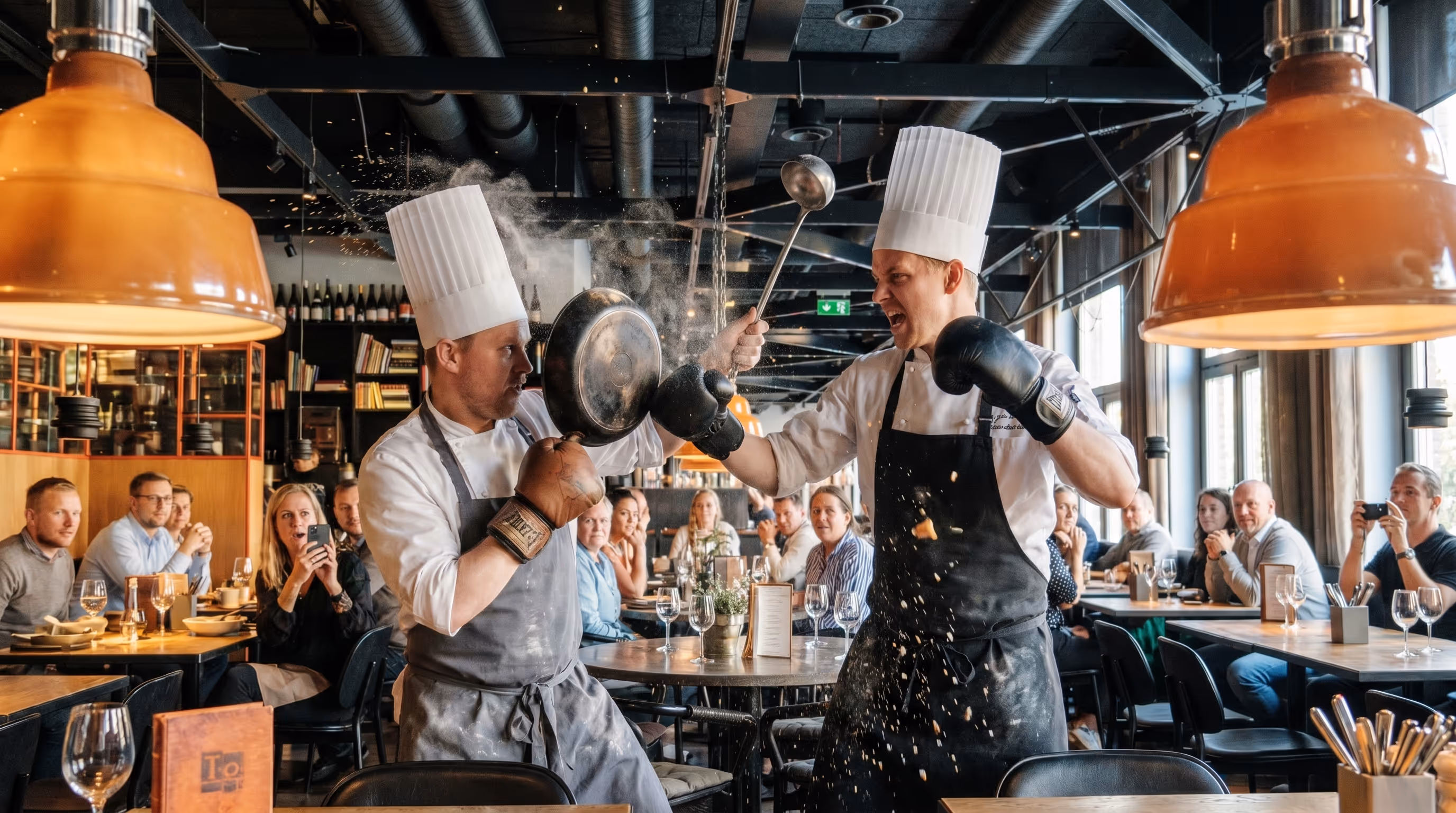 Två kockar i kökshattar och förkläden låtsas boxas med stekpanna, slev och boxningshandskar medan gäster tittar och filmar i en restaurang.