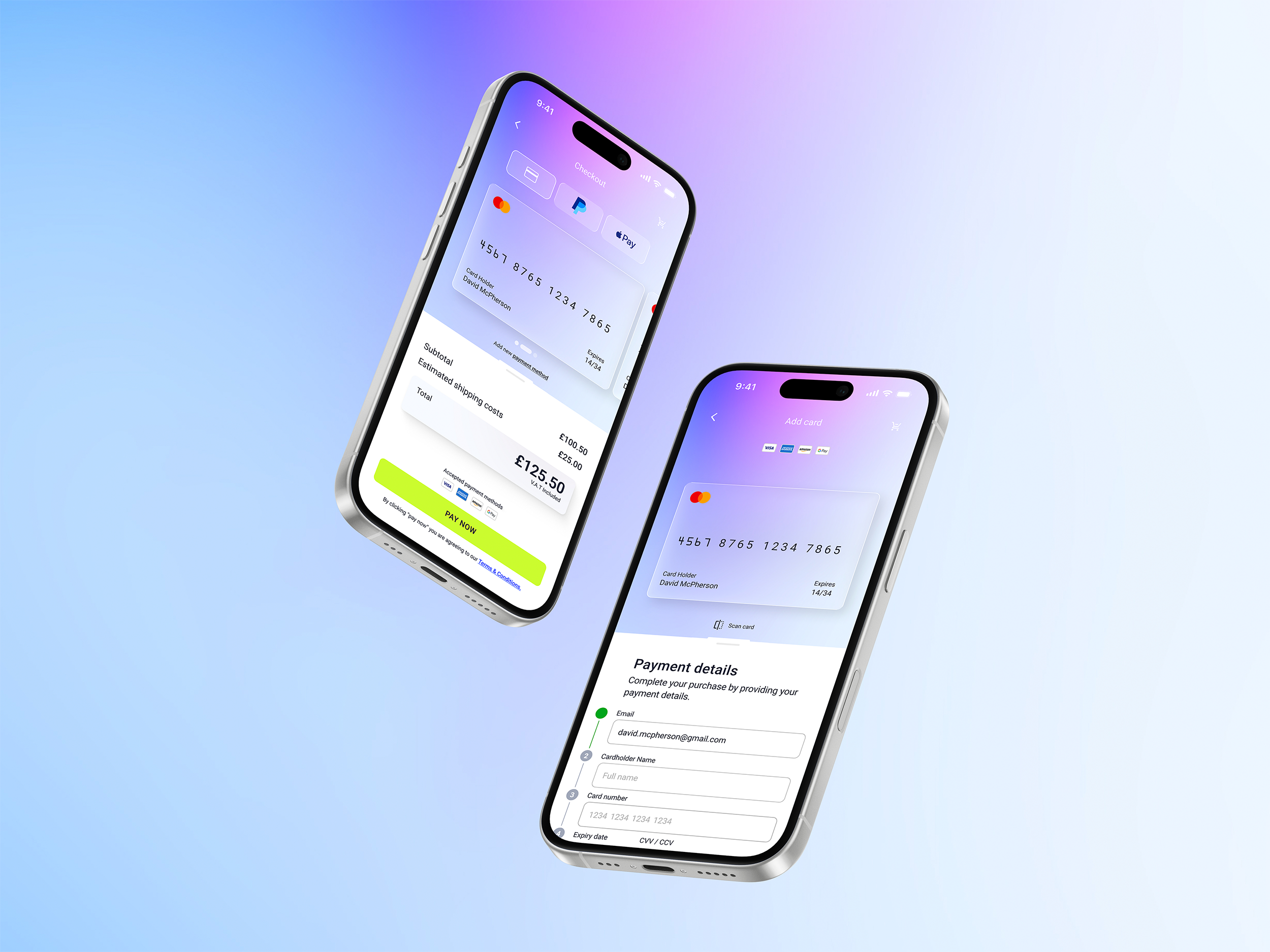 Payment page UX UI Design, mockup of two floating iPhones