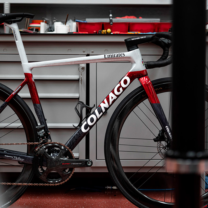 Colnago road bike photographed in workshop environment