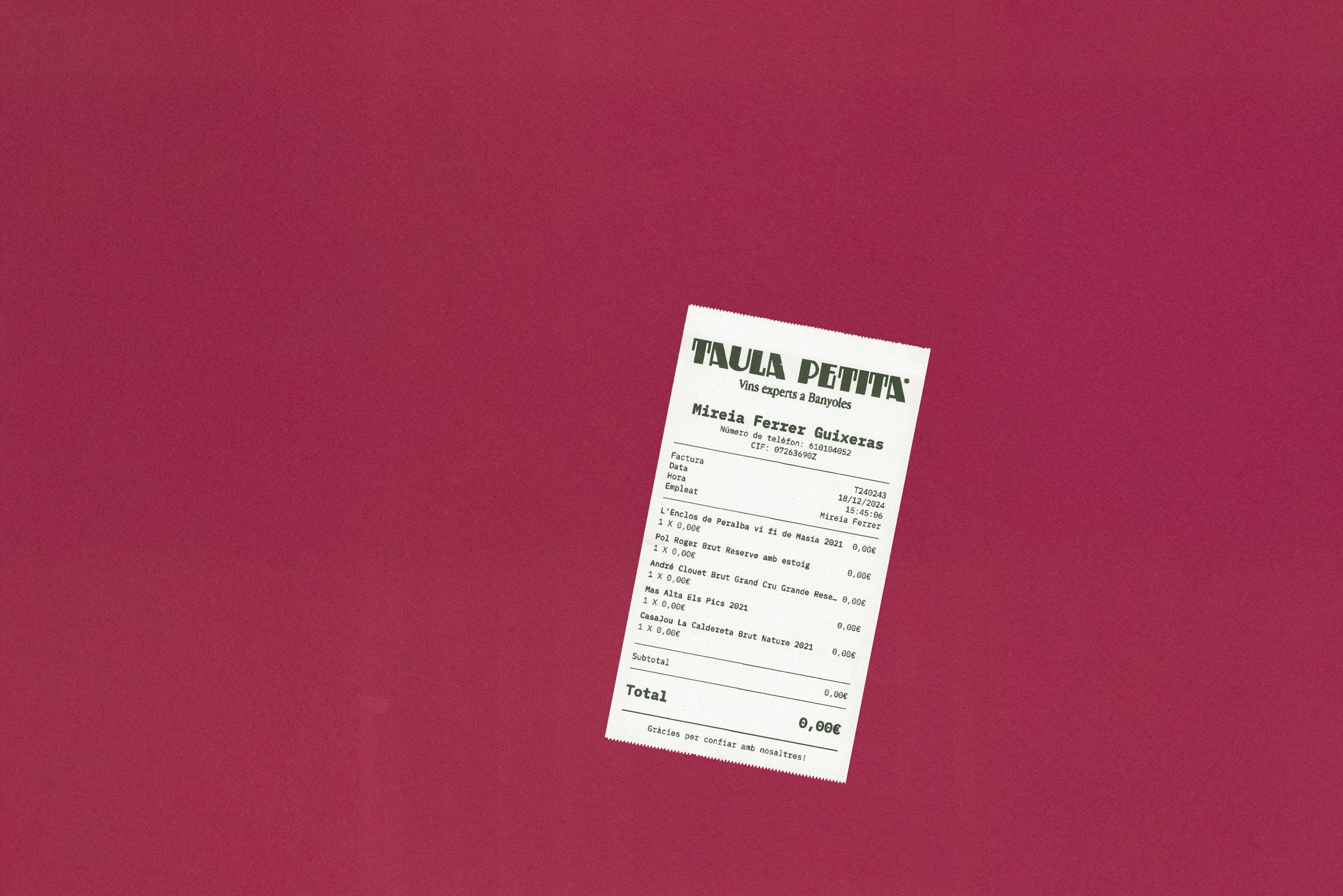 Taula Petita wine shop receipt design and printed materials